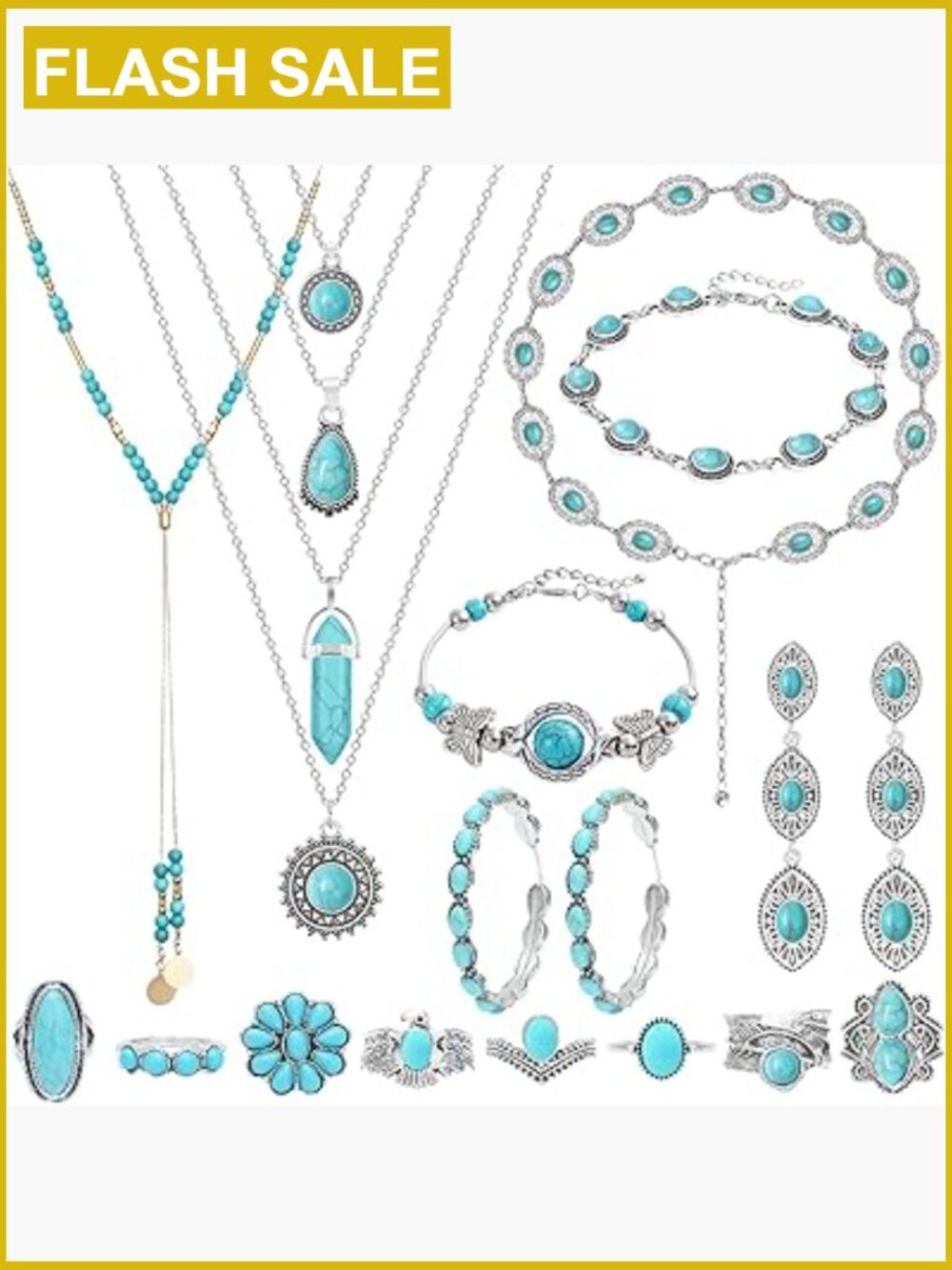 Bohemian Turquoise Jewelry Set 20pc Necklace Bracelet Ring Earrings